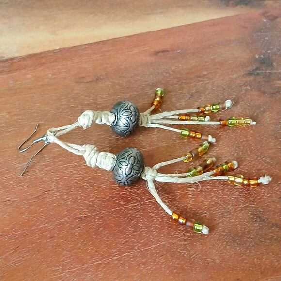 Seed Bead Necklace & Earring Set, Macrame Dangle Earrings, Layered Necklace 2 PC - Picture 3 of 7